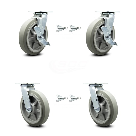 Service Caster 8 Inch Thermoplastic Rubber Caster Set with Roller Bearing 4 Swivel Lock 2 Brake SCC-30CS820-TPRRF-TLB-BSL-2-BSL-2